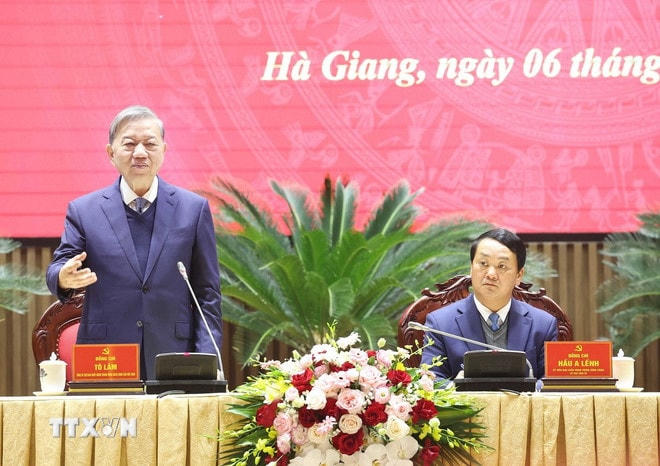 Tổng Bí thư Tô Lâm phát biểu. (Ảnh: Thống Nhất/TTXVN) ttxvn-0602-tong-bi-thu-dang-hoa-ha-giang-5.jpg