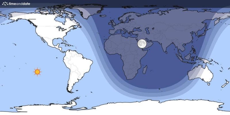 Bóng đêm sẽ ngự trị trên bầu trời châu Á, châu Phi, châu Âu ngày 7/12. Ảnh: TIME AND DATE.