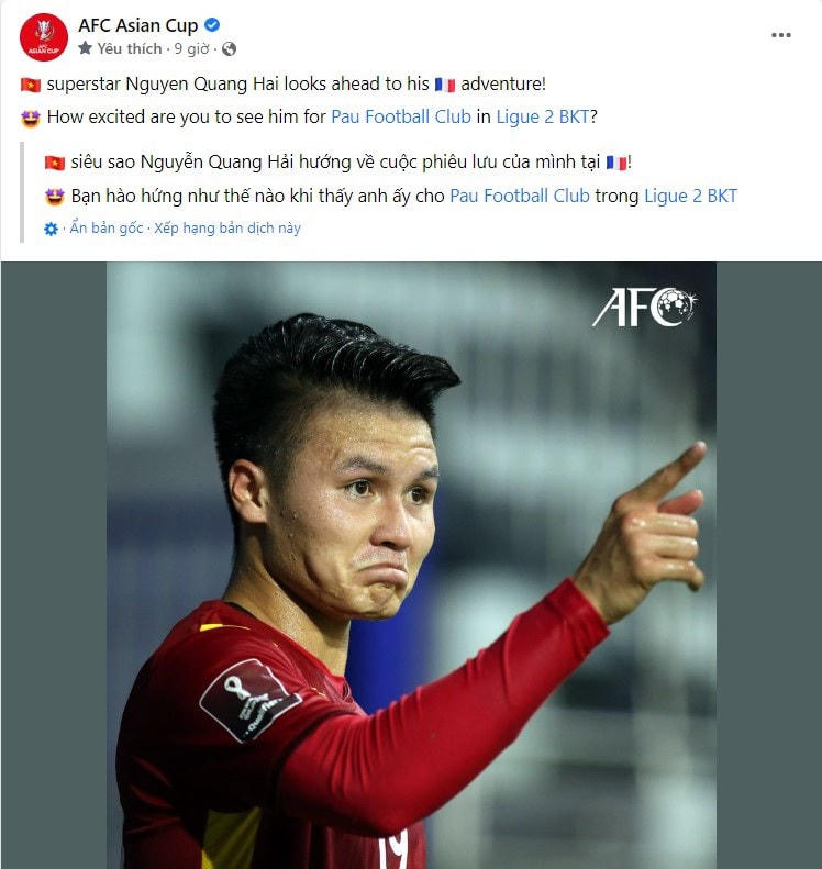 AFC cũng cảm thấy phấn khích trước việc tiền vệ Nguyễn Quang Hải gia nhập Pau FC (Ảnh: Fanpage AFC).