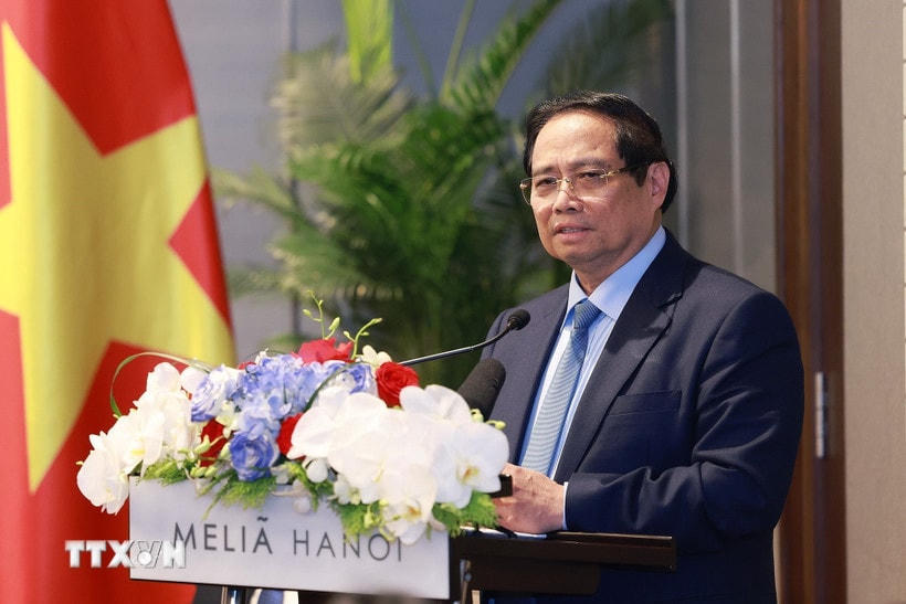Thủ tướng Phạm Minh Chính phát biểu tại buổi gặp gỡ doanh nghiệp hai nước Việt Nam-Cuba. (Ảnh: Dương Giang/TTXVN)