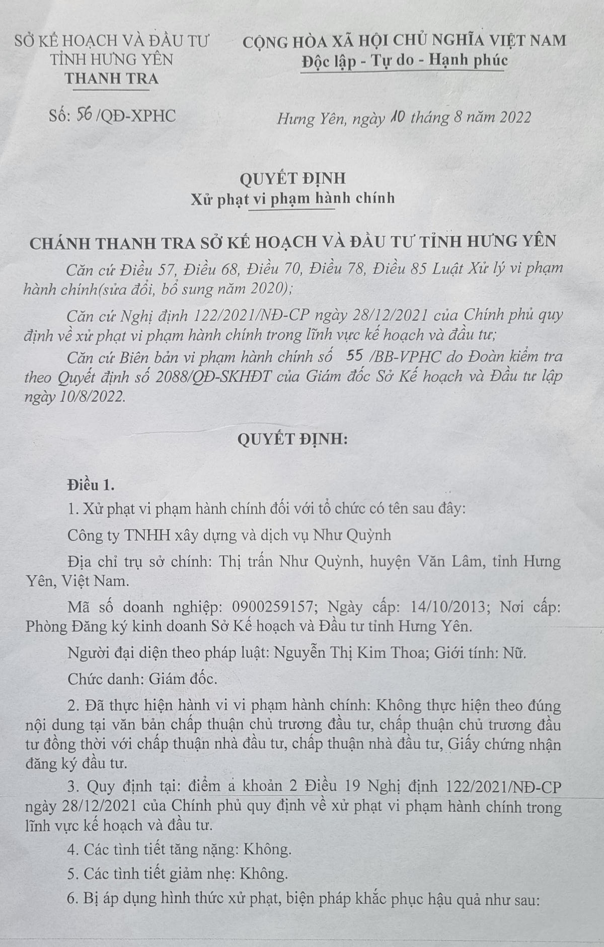 Quyết định xử phạt do Chánh thanh tra Sở Kế hoạch và Đầu tư Hưng Yên ký, đóng dấu.