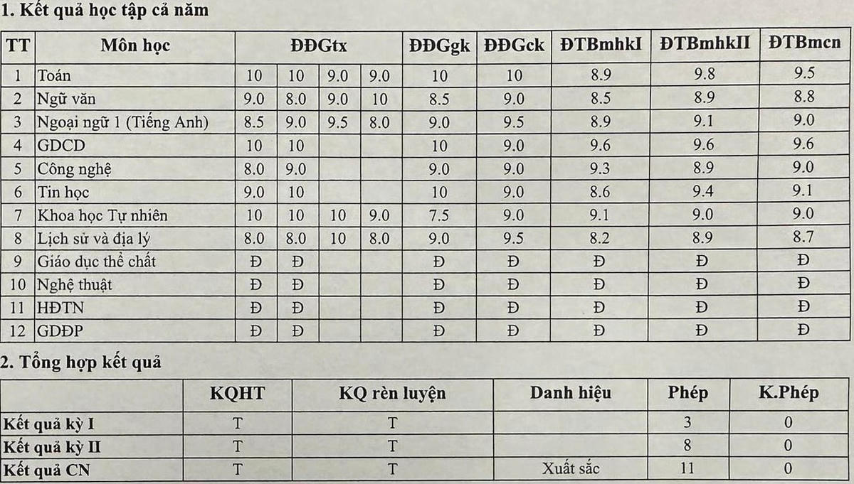 Bảng điểm một học sinh đạt danh hiệu “Học sinh Xuất sắc”.