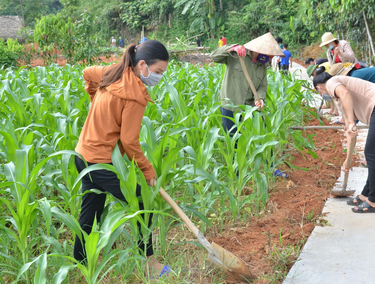 Người dân thôn Làng Mới, xã Đại Sơn (huyện Văn Yên, tỉnh Yên Bái) hoàn thiện lề đường được bê tông hóa. Ảnh: Thanh Tân.