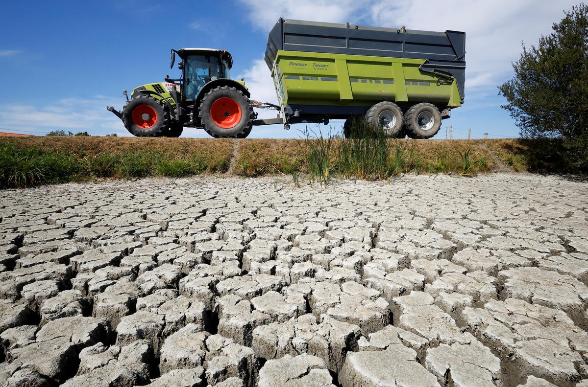Một người nông dân lái máy kéo qua vùng đất khô nứt nẻ tại Marais Breton ở Villeneuve (Pháp). Nguồn: Reuters.  