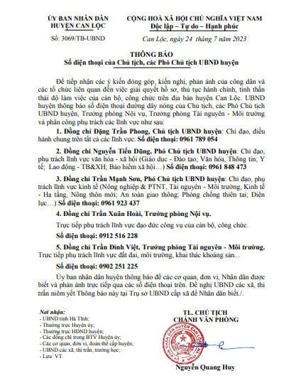 Văn bản thông báo của UBND huyện Can Lộc.