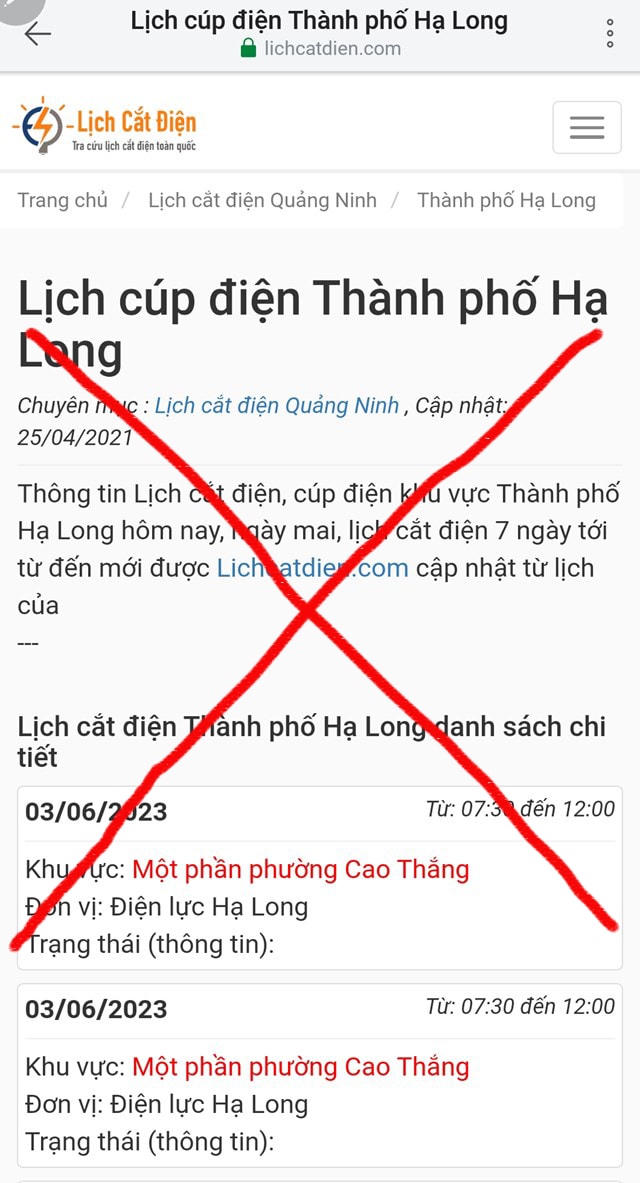 Trang web giả mạo lịch cắt điện tại TP Hạ Long (Quảng Ninh).  
