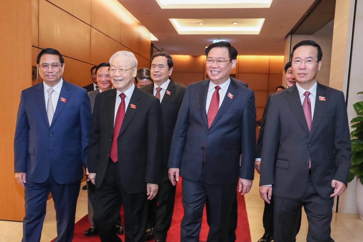 Tổng Bí thư Nguyễn Phú Trọng; Chủ tịch nước Võ Văn Thưởng; Thủ tướng Chính phủ Phạm Minh Chính; Chủ tịch Quốc hội Vương Đình Huệ dự phiên khai mạc kỳ họp thứ 6, Quốc hội khóa XV. Ảnh: Quang Vinh.