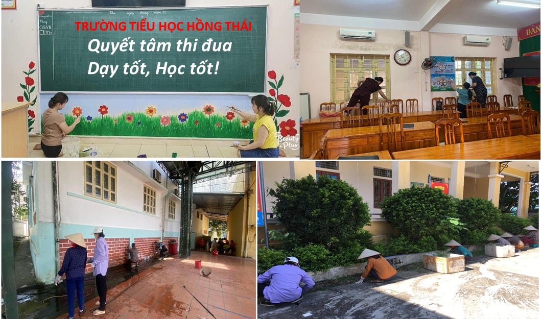 Giáo viên Trường Tiểu học Hồng Thái đang trang trí, vệ sinh, chuẩn bị mọi cơ sở vật chất tốt nhất để chào đón học sinh bước vào năm học mới