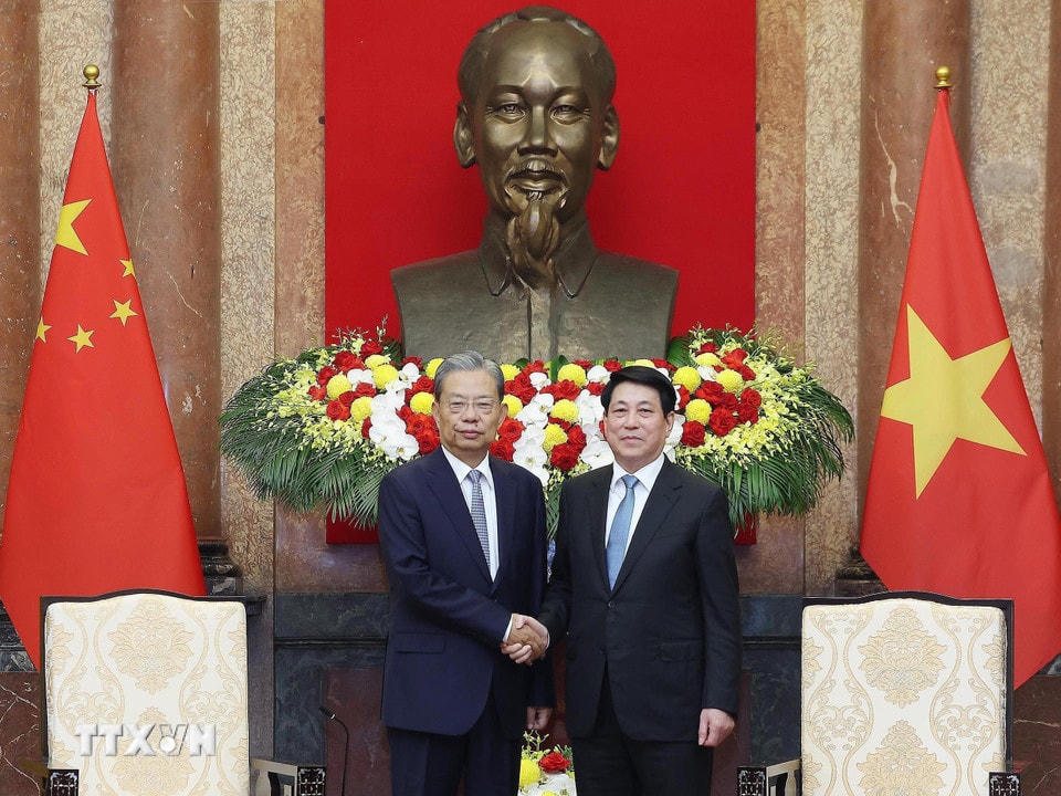 Chủ tịch nước Lương Cường tiếp Ủy viên trưởng Nhân đại toàn quốc Trung Quốc Triệu Lạc Tế. (Ảnh: Lâm Khánh/TTXVN)