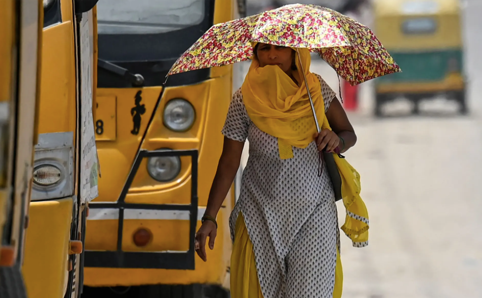 Một người phụ nữ dùng ô che nắng cho mình. Ảnh: Money Sharma / AFP / Getty Images.