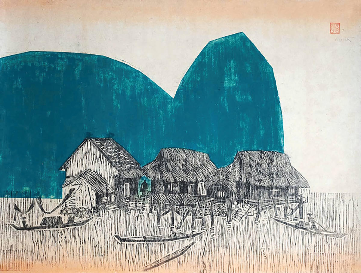 Tác phẩm "Nhà lá dưới chân núi" (62x81,5cm, khắc gỗ, 1998).  