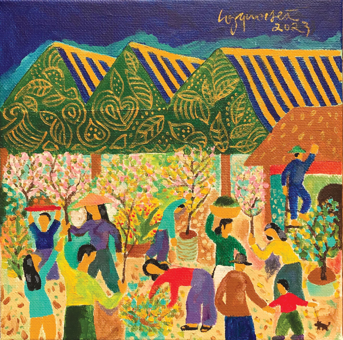 Chợ hoa Quảng An. Tranh: Công Quốc Hà.