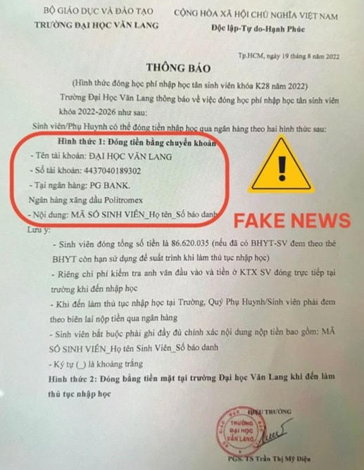 Thông báo giả về việc đóng học phí vào Trường ĐH Văn Lang (Ảnh: NTCC).