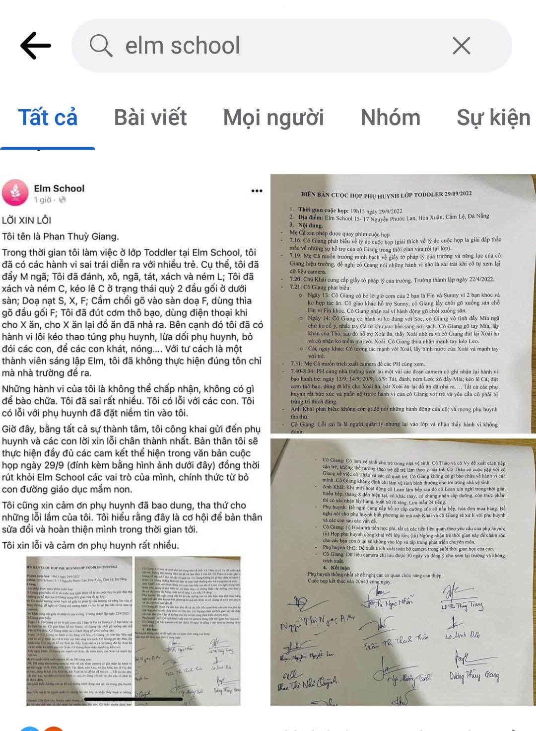 Lời xin lỗi và biên bản cuộc họp phụ huynh được cô giáo Phan Thùy Giang đăng tải trên facebook của Elm School.