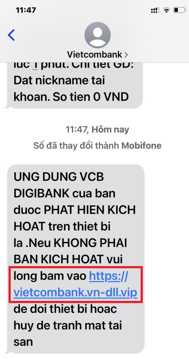 Một tin nhắn lừa đảo qua di động.