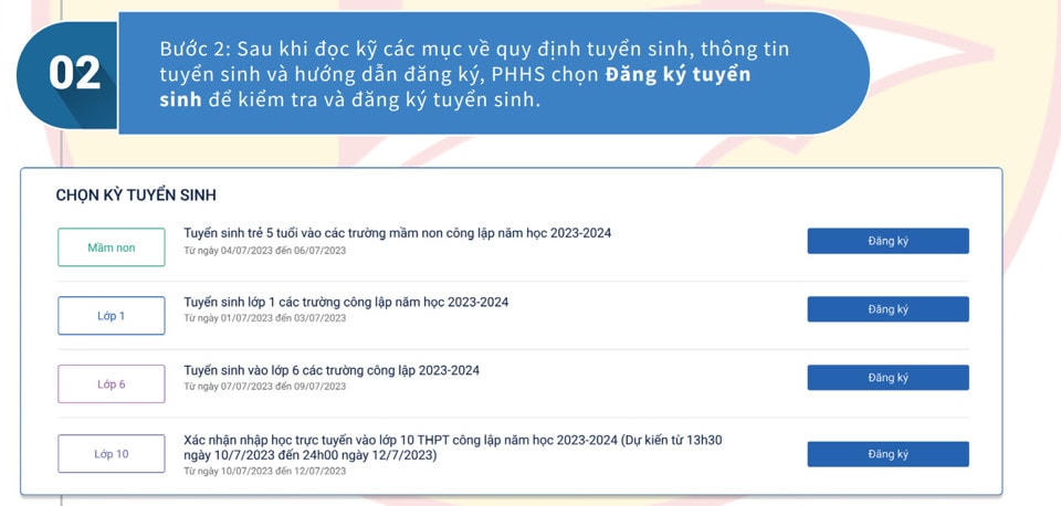 Quy trình đăng ký tuyển sinh đầu cấp do Sở GD&ĐT hướng dẫn.