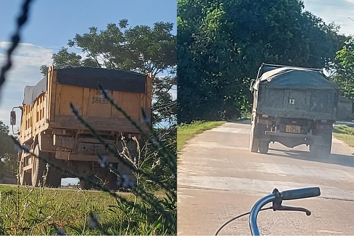Lấy cát từ mỏ của DN Hưng Đô xong, các xe tải bon bon chạy trên mặt đê.