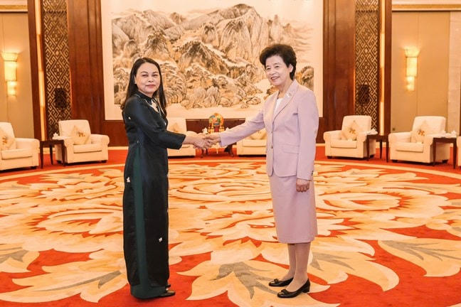 Phó Chủ tịch - Tổng Thư ký Uỷ ban Trung ương Mặt trận Tổ quốc Việt Nam Nguyễn Thị Thu Hà hội kiến với Phó Chủ tịch Chính hiệp toàn quốc Trung Quốc Hàm Huy. 