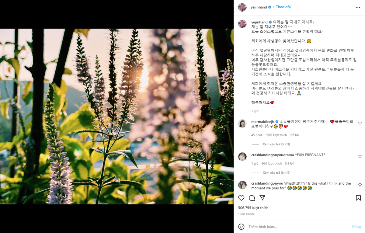 Son Ye Jin thông báo mang thai con đầu lòng với Hyun Bin. 