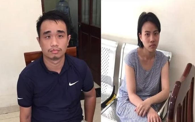 Hai đối tượng Vũ và Linh tại cơ quan chức năng.
