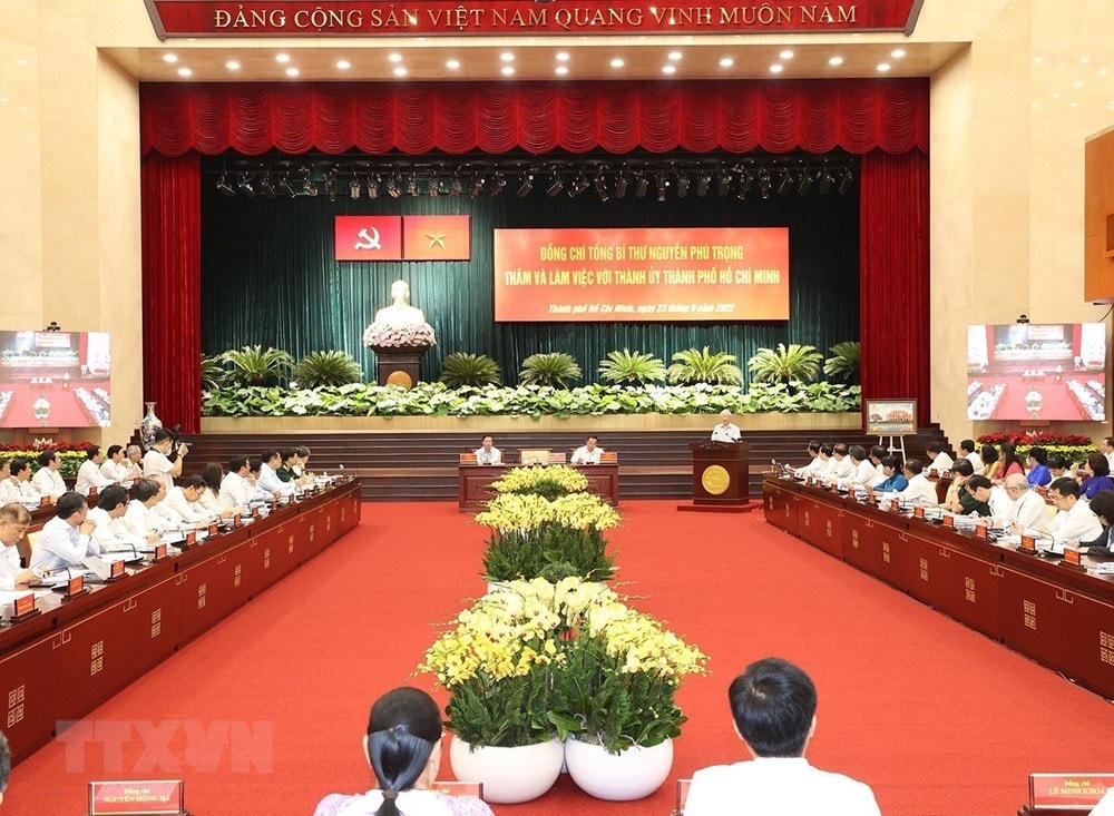 Toàn cảnh Tổng Bí thư Nguyễn Phú Trọng phát biểu kết luận tại buổi làm việc. (Ảnh: Trí Dũng/TTXVN).