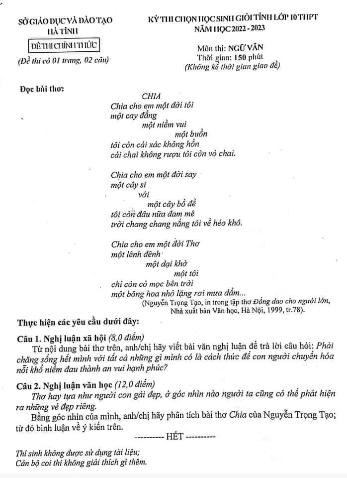 Đề thi chọn HSG lớp 10, năm học 2022-2023 của Sở GD&ĐT Hà Tĩnh.