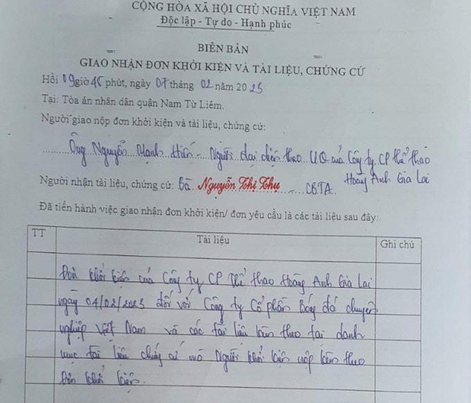 Đơn kiện của CLB HAGL gửi lên Tòa án nhân dân quận Nam Từ Liêm (Hà Nội).
