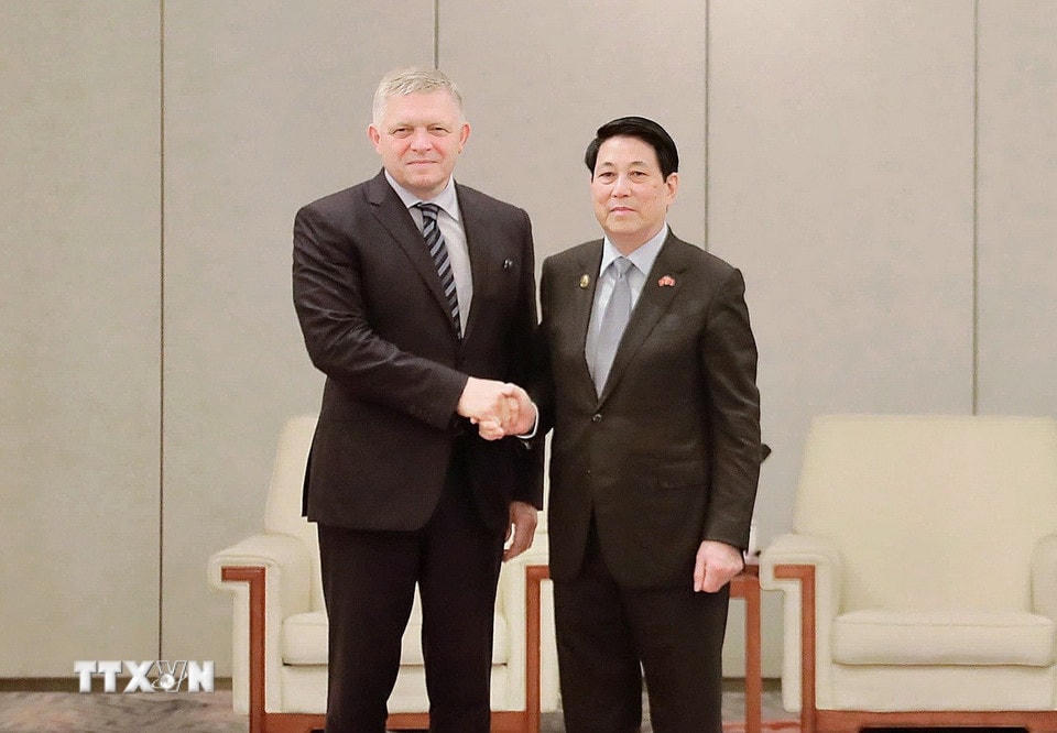 Chủ tịch nước Lương Cường hội kiến Thủ tướng Slovakia Robert Fico. (Ảnh: TTXVN)