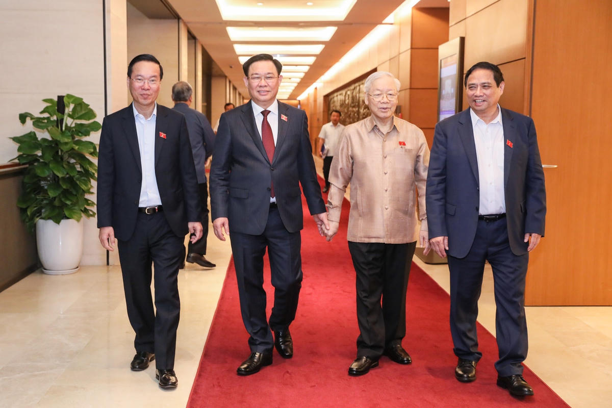 Tổng Bí thư Nguyễn Phú Trọng; Chủ tịch nước Võ Văn Thưởng; Thủ tướng Phạm Minh Chính; Chủ tịch Quốc hội  Vương Đình Huệ tới dự phiên chất vấn và trả lời chất vấn (Ảnh: Quang Vinh)