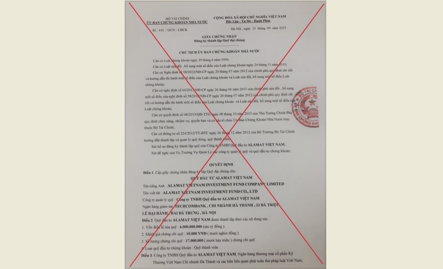 Văn bản giả mạo văn bản của Ủy ban Chứng khoán Nhà nước. (Nguồn: SSC).