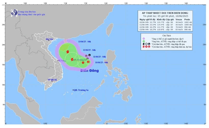 Vị trí và đường đi của áp thấp nhiệt đới. (Nguồn: Trung tâm Dự báo Khí tượng Thủy văn Quốc gia)