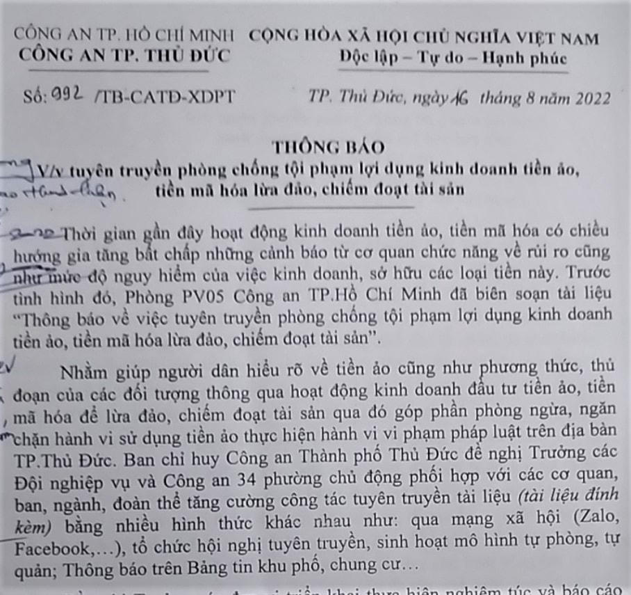 Văn bản cảnh báo về tình hình tội phạm lợi dụng kinh doanh "tiền ảo", tiền mã hóa để lừa đảo, chiếm đoạt tài sản trên địa bàn. (Ảnh chụp văn bản).