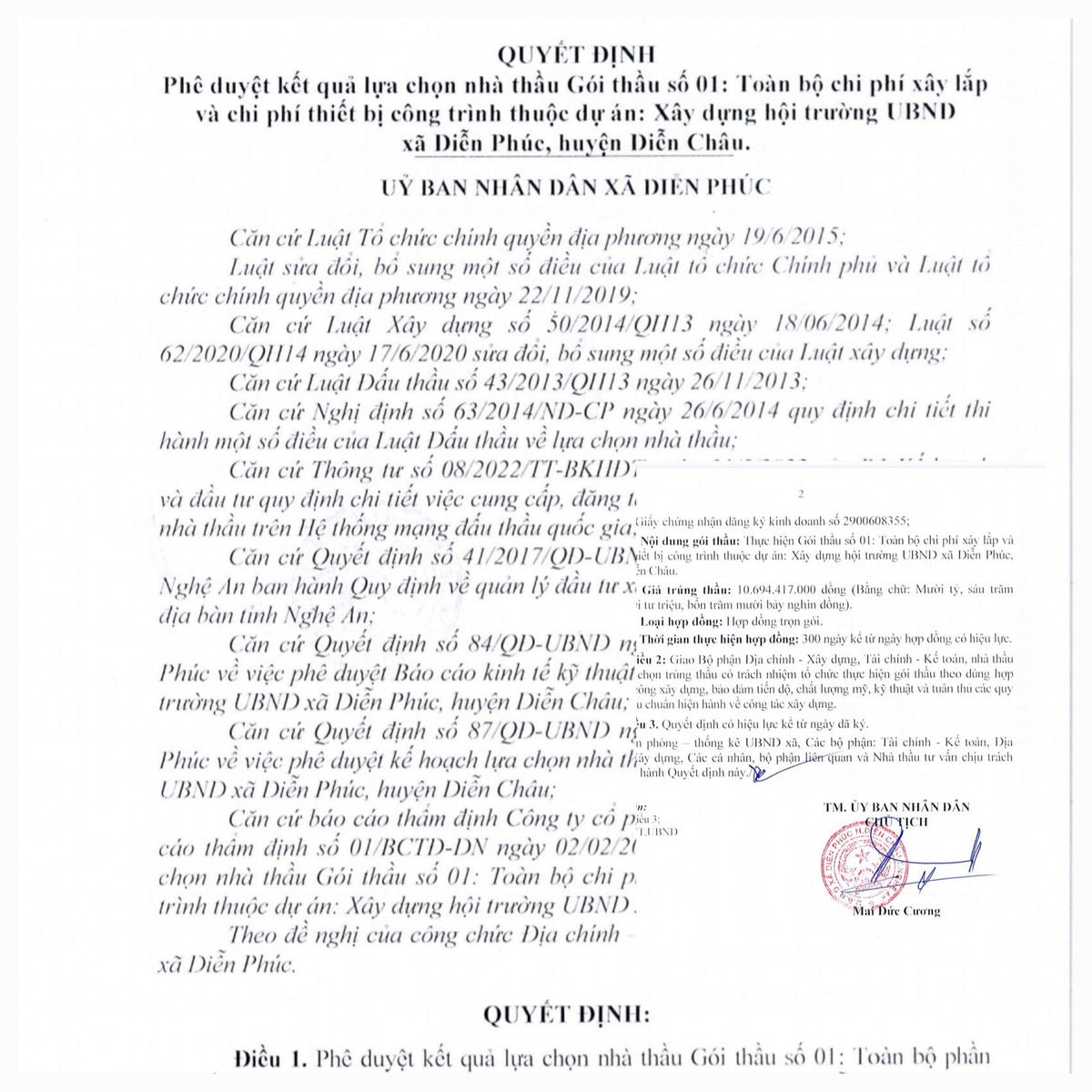 Gói thầu hơn 10 tỷ đồng tại xã Diễn Phúc, huyện Diễn Châu do Công ty Tiến Đạt trúng thầu.