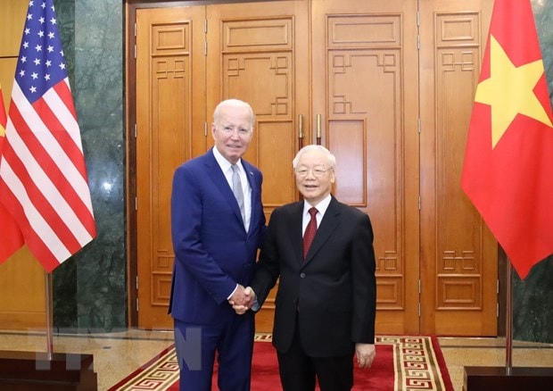 Tổng Bí thư Nguyễn Phú Trọng và Tổng thống Hoa Kỳ Joe Biden trước khi tiến hành hội đàm, chiều 10/9. (Ảnh: Trí Dũng/TTXVN).