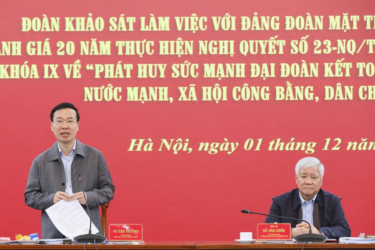 Thường trực Ban Bí thư Võ Văn Thưởng phát biểu tại cuộc làm việc với Đảng đoàn MTTQ Việt Nam