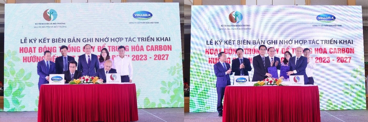 Đại diện Vinamilk và Báo Tài nguyên và Môi trường (TN&MT) ký biên bản ghi nhớ hợp tác cho dự án trồng cây hướng đến Net Zero.
