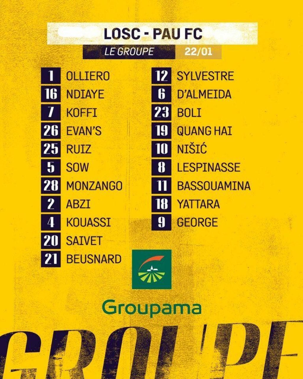 Quang Hải xuất hiện trong danh sách thi đấu của Pau FC trận gặp CLB Lille ở vòng 1/16 cúp Quốc gia Pháp.  