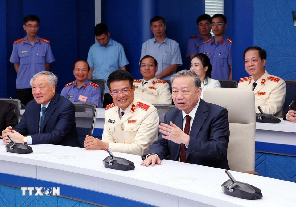 Tổng Bí thư Tô Lâm phát biểu tại Trung tâm điều hành ngành Kiểm sát Nhân dân. (Ảnh: Phạm Kiên/TTXVN)