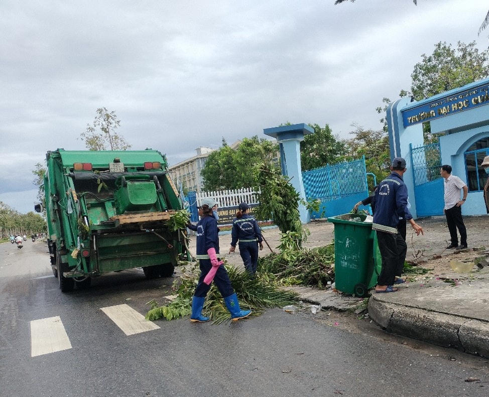 Công nhân đang dọn cây xanh ngã đổ sau bão.