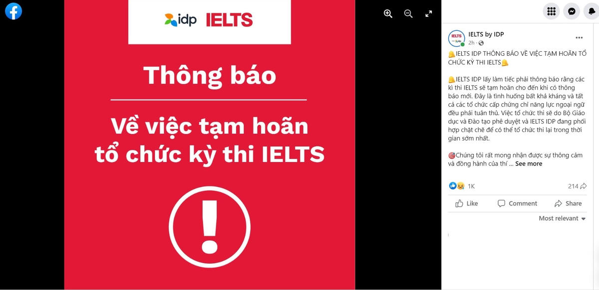 IDP thông báo về việc tạm hoãn tổ chức kỳ thi IELTS.
