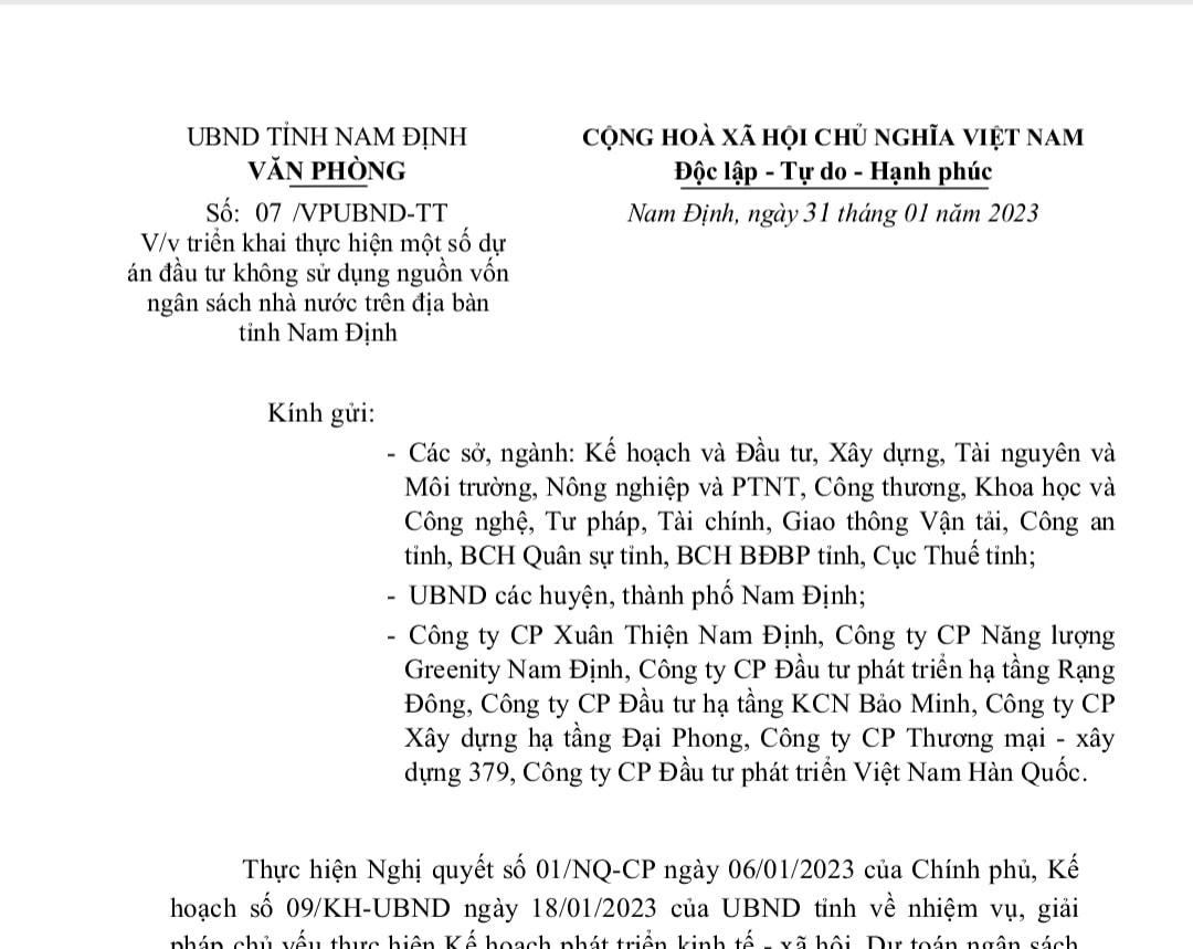 Văn bản truyền đạt ý kiến chỉ đạo của lãnh đạo UBND tỉnh Nam Định.