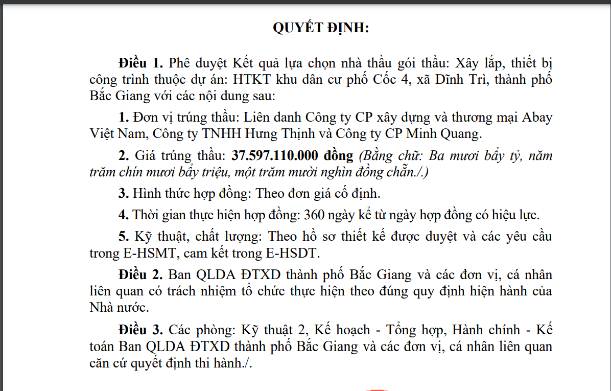 Liên danh Công ty cổ phần xây dựng và thương mại Abay Việt Nam trúng gói thầu hơn 37 tỷ đồng. 