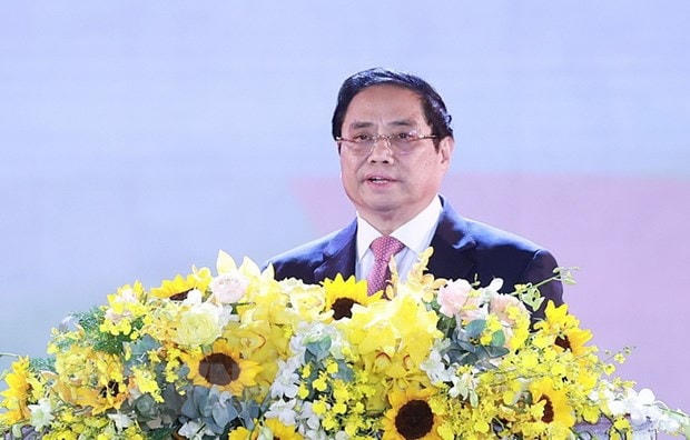 Thủ tướng Phạm Minh Chính trình bày diễn văn kỷ niệm 370 năm xây dựng và phát triển tỉnh Khánh Hòa. Ảnh: Dương Giang/TTXVN.