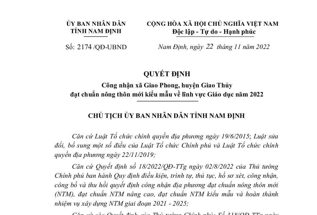 Quyết định của Chủ tịch UBND tỉnh Nam Định, ban hành hôm nay, 22/11.