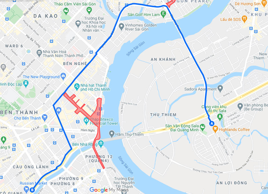 Lộ trình từ thành phố Thủ Đức đi Quận 1: đường Mai Chí Thọ (Thành phố Thủ Đức) → đường Nguyễn Cơ Thạch → cầu Thủ Thiêm → đường Nguyễn Hữu Cảnh → đường Tôn Đức Thắng → đường Lê Duẩn → đường công xã Paris → đường Hàn Thuyên → đường Nam Kỳ Khởi Nghĩa → đường Võ Văn Kiệt (Quận 1).