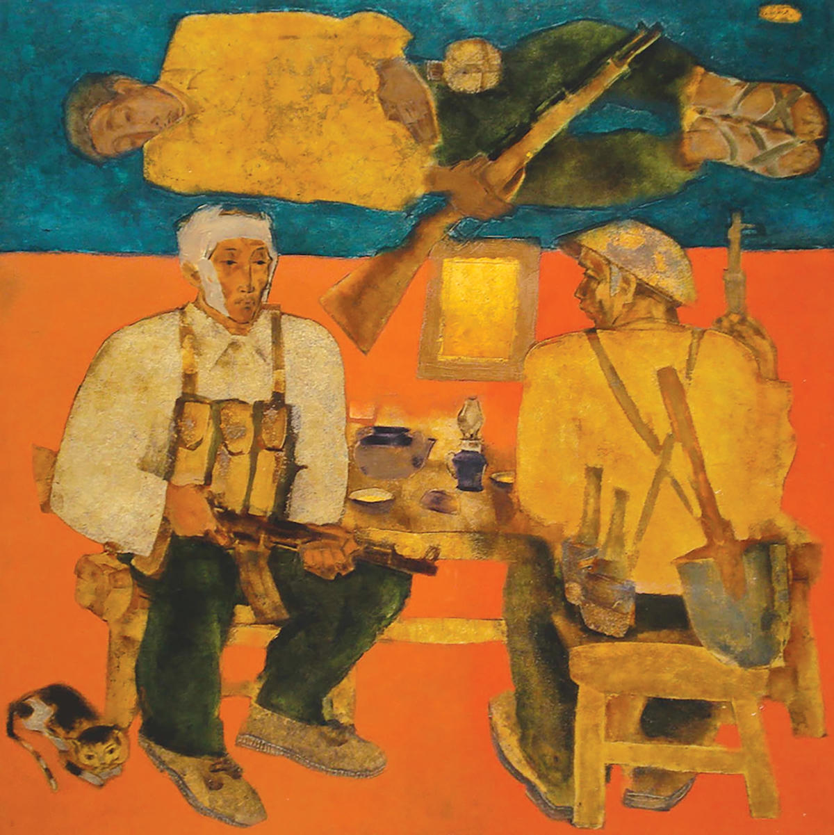 Tác phẩm "Tổ ba người" (120x120cm, sơn mài, 2001).  
