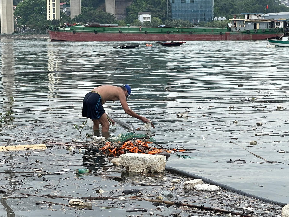 Một người đánh cá "loay hoay" trong sự bủa vây của rác.