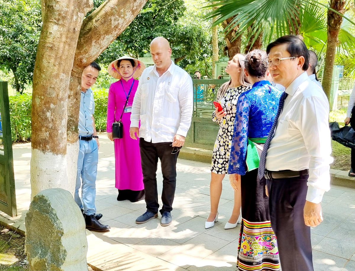 Chiêm ngưỡng cây phượng do một lãnh đạo Đại sứ Cuba tại Việt Nam trồng lưu niệm trong Khu di tích Kim Liên.