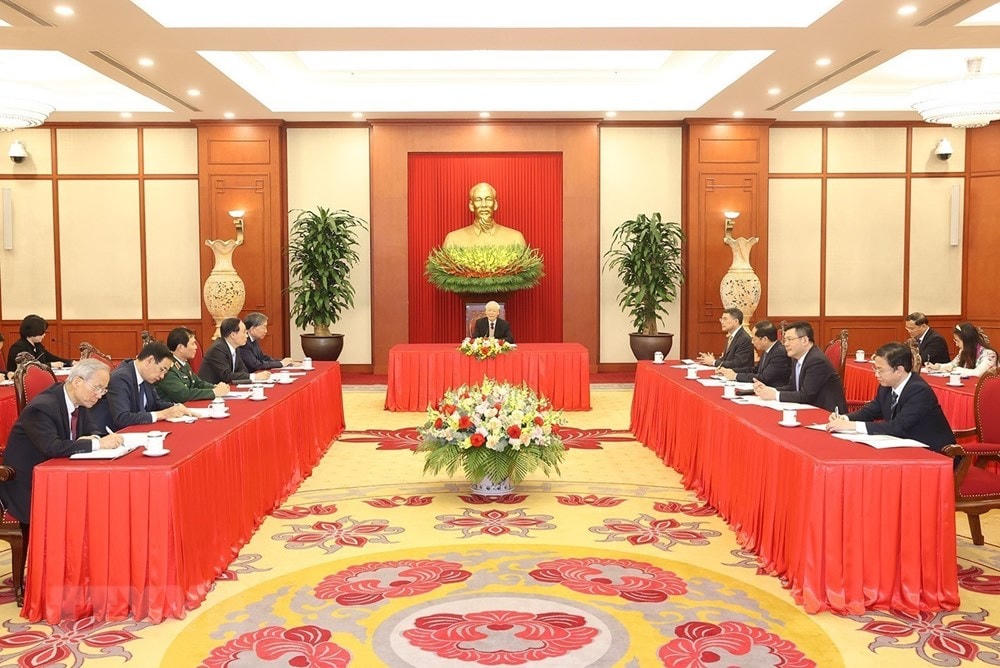 Toàn cảnh buổi điện đàm cấp cao giữa Tổng Bí thư Nguyễn Phú Trọng với Tổng thống Hoa Kỳ Joe Biden. (Ảnh: Trí Dũng/TTXVN).
