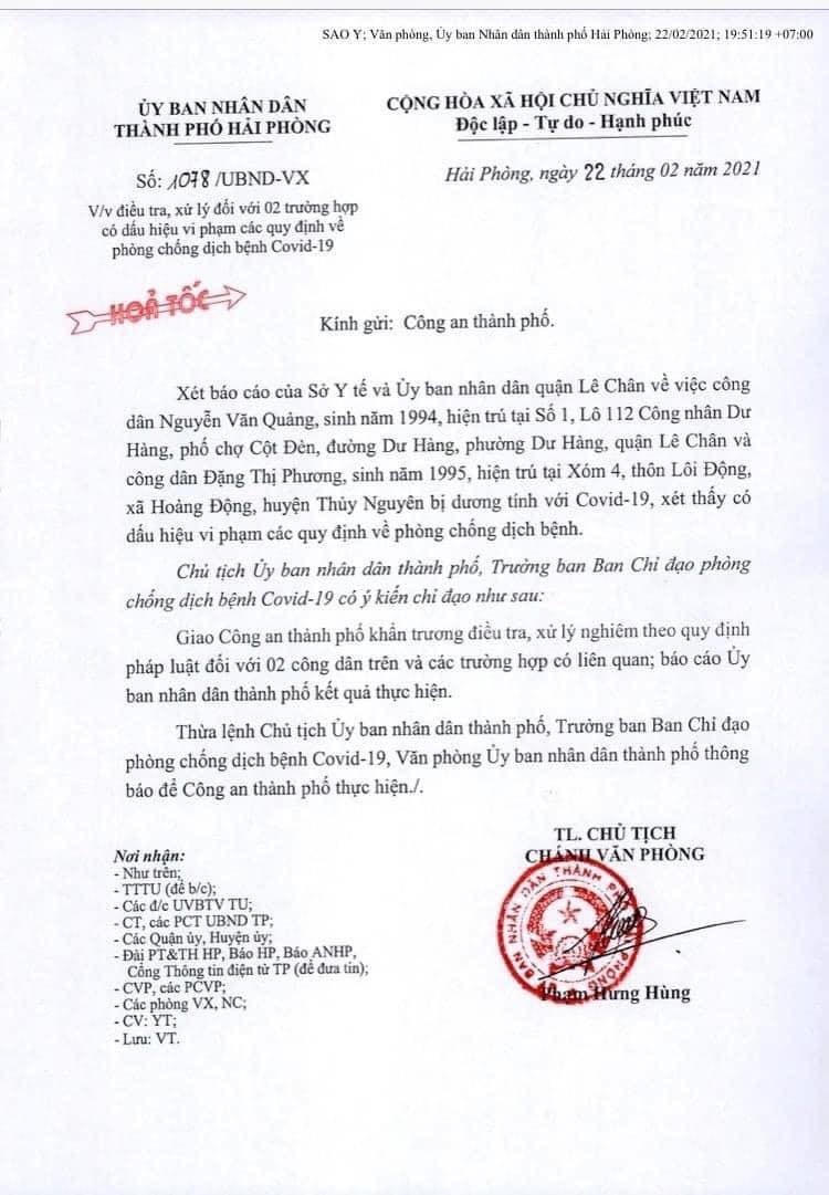 Công văn hỏa tốc của Chủ tịch UBND TP Hải Phòng đề nghị công an vào cuộc liên quan đến 3 ca dương tính Covid-19. 
